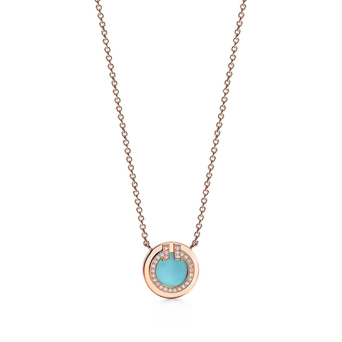 18K Tiffany Diamond & Turquoise Circle Pendant Necklace